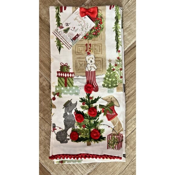 CHRISTMAS PUPPY DOG Kitchen Towel Set of 2 Embroidered BEADED Detailed 20" x 28 - Picture 5 of 12